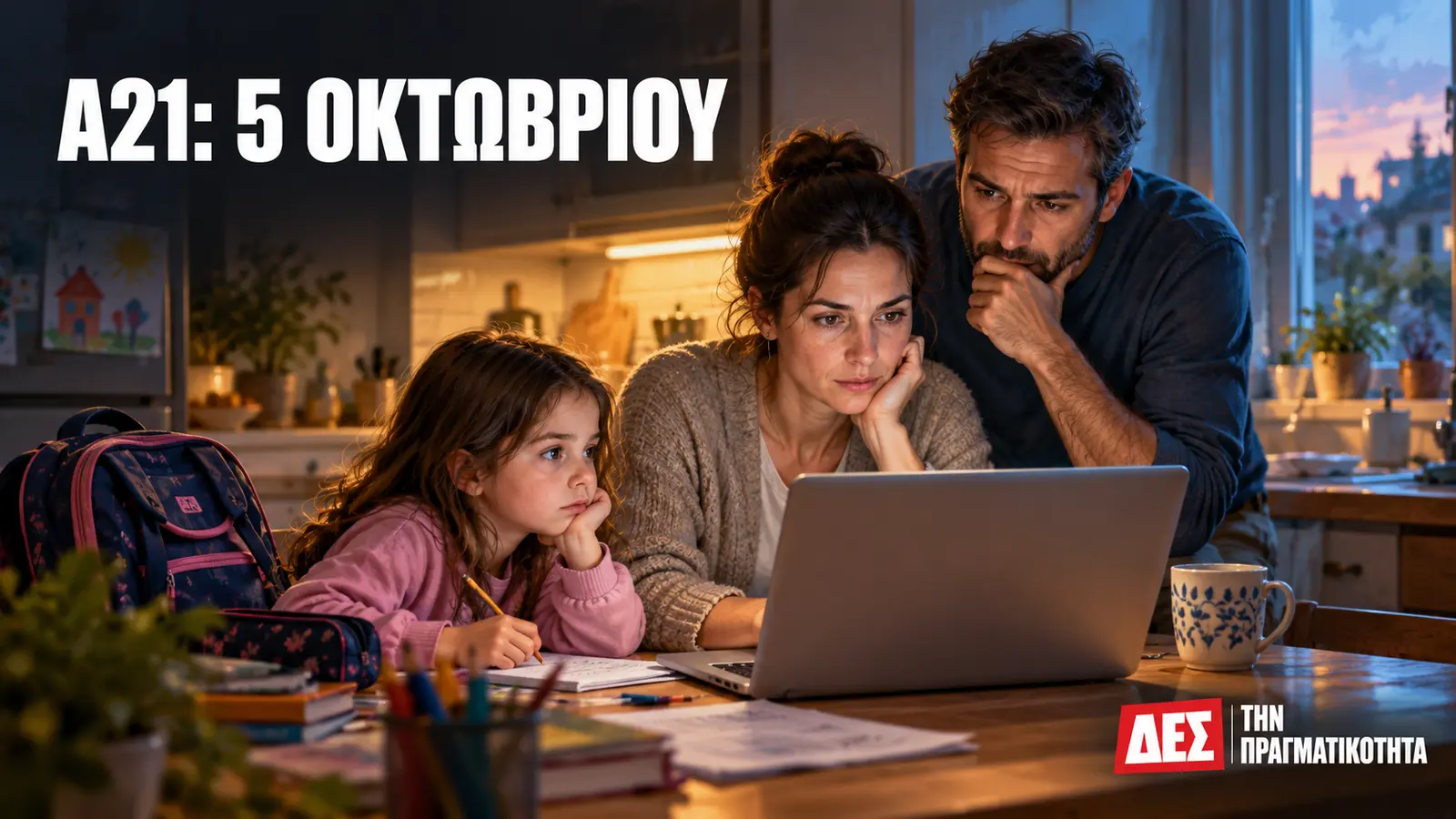 Α21: αιτήσεις από 5 Οκτωβρίου και έκτακτη πληρωμή στις 9, ποιος δικαιούται τι · δημοσιογραφική εικονογράφηση οικογένειας που ελέγχει σχολικά και οικονομικά στοιχεία · Δες την Πραγματικότητα Α21: αιτήσεις από 5 Οκτωβρίου και έκτακτη πληρωμή στις 9, ποιος δικαιούται τι · δημοσιογραφική εικονογράφηση οικογένειας που ελέγχει σχολικά και οικονομικά στοιχεία · Δες την Πραγματικότητα