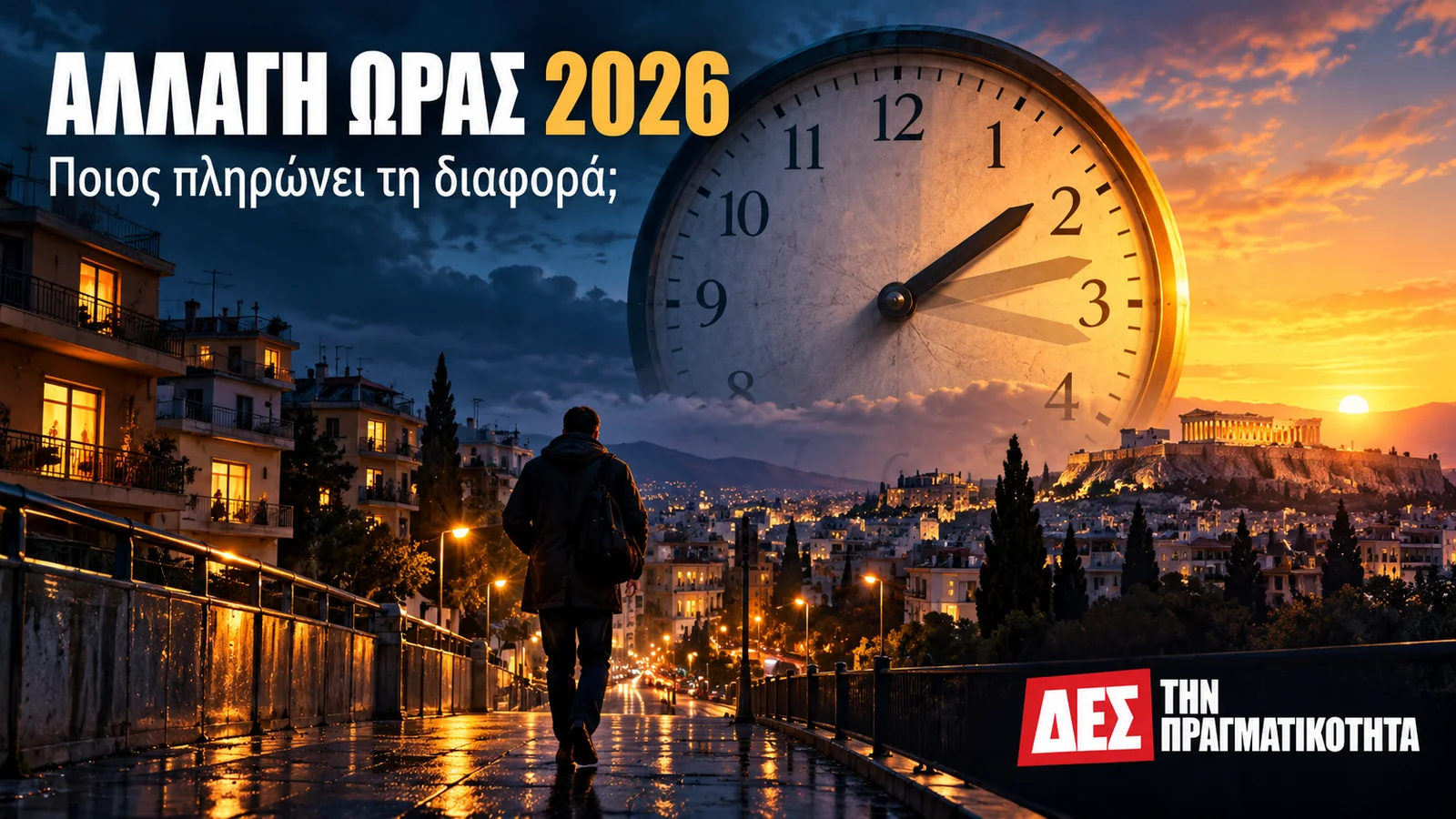 Αλλαγή ώρας 2026: γιατί γυρίζουμε ακόμη τα ρολόγια και ποιος μετρά το κόστος · Ρολόι και πρωινή μετακίνηση στην Αθήνα, σύμβολα της αλλαγής ώρας · Δες την Πραγματικότητα Αλλαγή ώρας 2026: γιατί γυρίζουμε ακόμη τα ρολόγια και ποιος μετρά το κόστος · Ρολόι και πρωινή μετακίνηση στην Αθήνα, σύμβολα της αλλαγής ώρας · Δες την Πραγματικότητα
