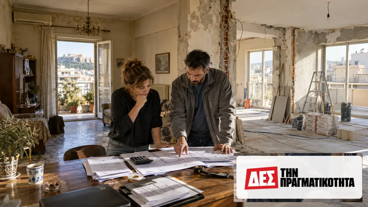 Ανακαίνιση Κατοικίας 2026: επιδότηση έως 36.000 ευρώ και προθεσμία 30 Σεπτεμβρίου · Δύο άνθρωποι εξετάζουν σχέδια σε δωμάτιο με τοίχους υπό ανακαίνιση · Δες την Πραγματικότητα Ανακαίνιση Κατοικίας 2026: επιδότηση έως 36.000 ευρώ και προθεσμία 30 Σεπτεμβρίου · Δύο άνθρωποι εξετάζουν σχέδια σε δωμάτιο με τοίχους υπό ανακαίνιση · Δες την Πραγματικότητα