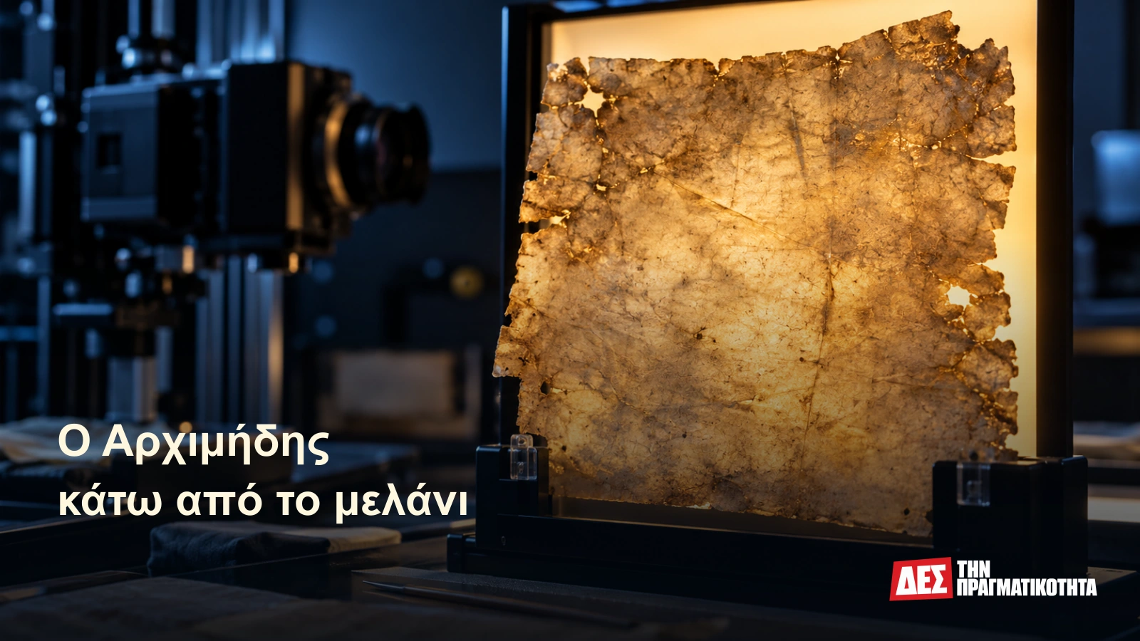 Ο Αρχιμήδης κάτω από την εικόνα με τα λιοντάρια · Εικαστική αναπαράσταση με τεχνητή νοημοσύνη, εμπνευσμένη από την υπόθεση · Δες την Πραγματικότητα