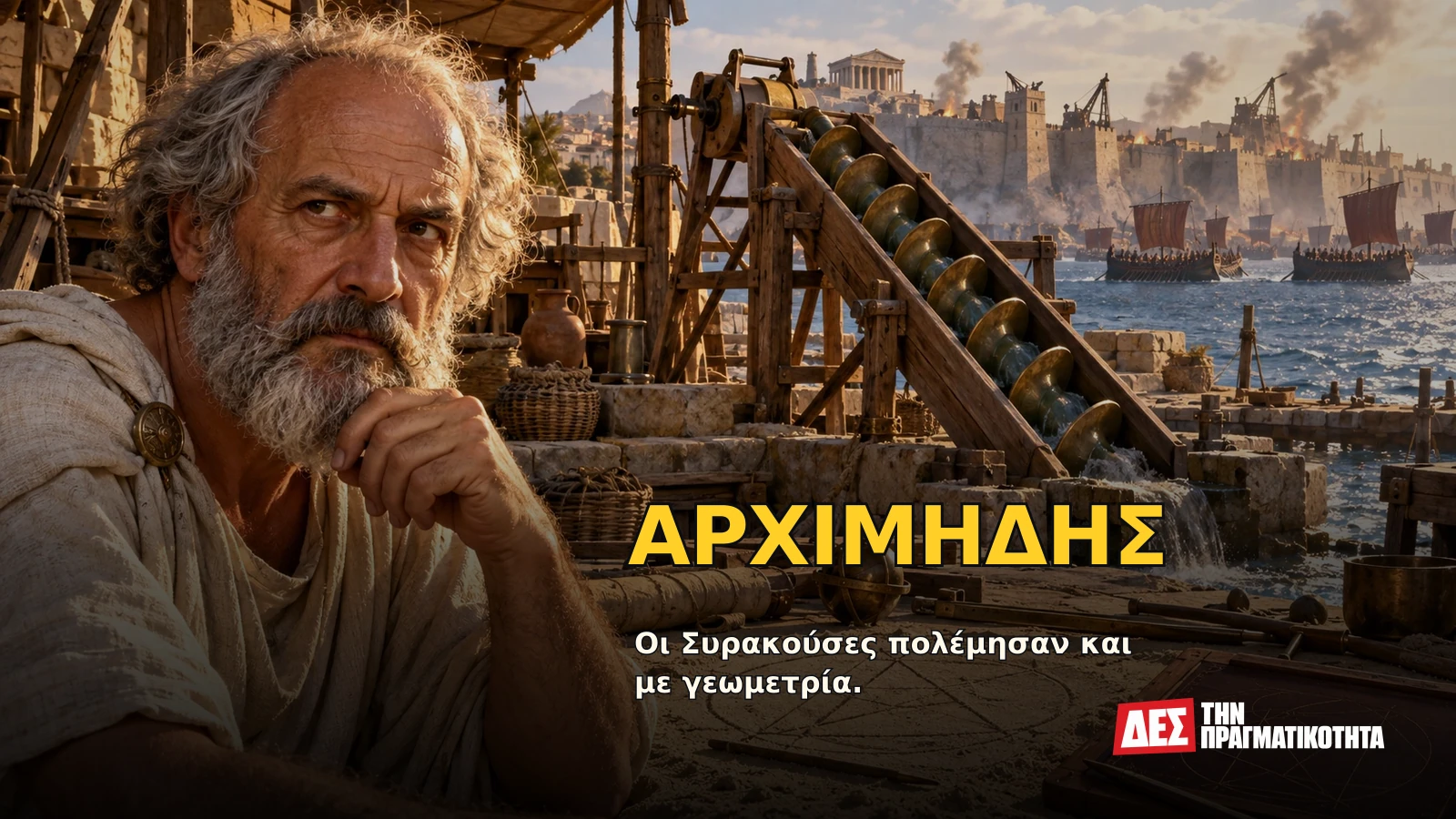 Αρχιμήδης: ο Έλληνας που μέτρησε το άπειρο, σήκωσε πλοία και έκανε τη Ρώμη να φοβηθεί · Υποθετική φωτορεαλιστική αναπαράσταση: ΑΡΧΙΜΗΔΗΣ, με σκηνές από τη ζωή · Δες την Πραγματικότητα Αρχιμήδης: ο Έλληνας που μέτρησε το άπειρο, σήκωσε πλοία και έκανε τη Ρώμη να φοβηθεί · Υποθετική φωτορεαλιστική αναπαράσταση: ΑΡΧΙΜΗΔΗΣ, με σκηνές από τη ζωή · Δες την Πραγματικότητα
