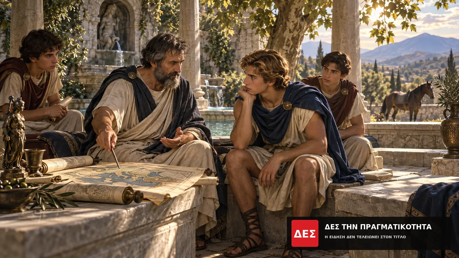 Αριστοτέλης: ο Έλληνας που οργάνωσε τη γνώση και έβαλε την αρετή μέσα στην πράξη · Εικαστική αναπαράσταση αρχαίου δασκάλου που συνομιλεί με μαθητές σε υπαίθριο · Δες την Πραγματικότητα Αριστοτέλης: ο Έλληνας που οργάνωσε τη γνώση και έβαλε την αρετή μέσα στην πράξη · Εικαστική αναπαράσταση αρχαίου δασκάλου που συνομιλεί με μαθητές σε υπαίθριο · Δες την Πραγματικότητα