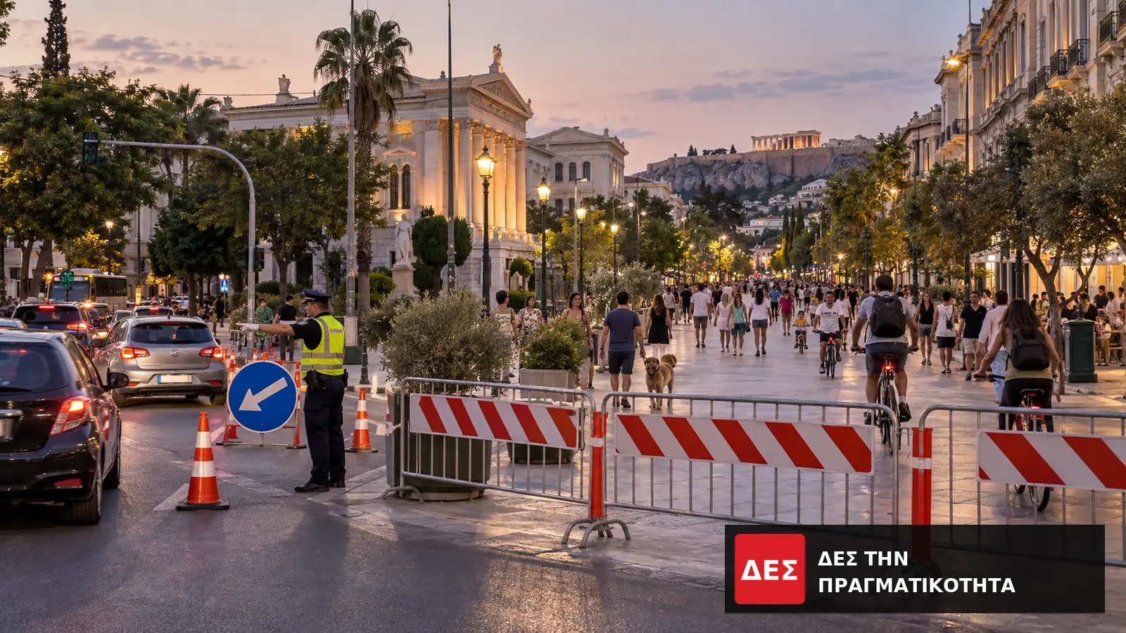 Αθήνα χωρίς αυτοκίνητο: ποιοι δρόμοι κλείνουν απόψε και μέχρι πότε · Οδικά φράγματα και κώνοι κλείνουν κεντρικό δρόμο, ενώ πεζοί κινούνται · Δες την Πραγματικότητα Αθήνα χωρίς αυτοκίνητο: ποιοι δρόμοι κλείνουν απόψε και μέχρι πότε · Οδικά φράγματα και κώνοι κλείνουν κεντρικό δρόμο, ενώ πεζοί κινούνται · Δες την Πραγματικότητα