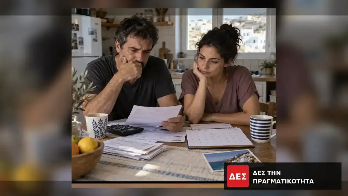 Διακοπές μόνο για τους άλλους: το 46,6% των Ελλήνων δεν αντέχει ούτε μία εβδομάδα μακριά από το σπίτι · Ζευγάρι εξετάζει έγγραφα και αριθμομηχανή σε οικιακό τραπέζι · Δες την Πραγματικότητα Διακοπές μόνο για τους άλλους: το 46,6% των Ελλήνων δεν αντέχει ούτε μία εβδομάδα μακριά από το σπίτι · Ζευγάρι εξετάζει έγγραφα και αριθμομηχανή σε οικιακό τραπέζι · Δες την Πραγματικότητα