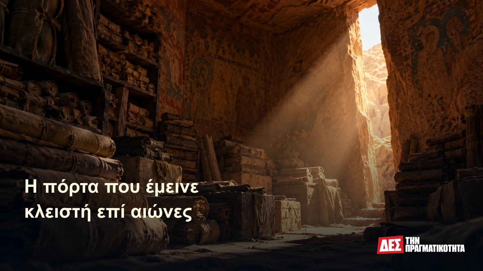 Ποιος έκλεισε τη βιβλιοθήκη πίσω από τον τοίχο; · Εικαστική αναπαράσταση με τεχνητή νοημοσύνη, εμπνευσμένη από την υπόθεση · Δες την Πραγματικότητα