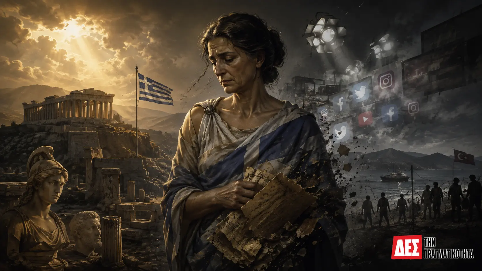 Αν ξεχάσεις ποιος ήσουν, κάποιος άλλος θα σου πει ποιος είσαι · Αλληγορική γυναίκα με αρχαιοπρεπή ενδυμασία κρατά πέτρινα θραύσματα μπροστά · Δες την Πραγματικότητα Αν ξεχάσεις ποιος ήσουν, κάποιος άλλος θα σου πει ποιος είσαι · Αλληγορική γυναίκα με αρχαιοπρεπή ενδυμασία κρατά πέτρινα θραύσματα μπροστά · Δες την Πραγματικότητα