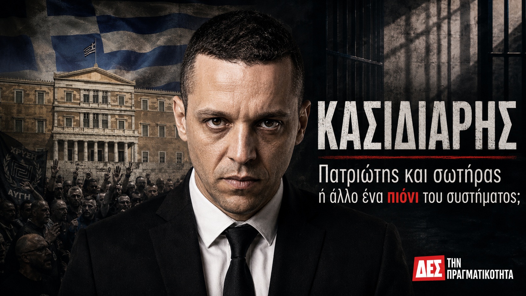 Κασιδιάρης: Έλληνας πατριώτης και σωτήρας ή άλλο ένα πιόνι του συστήματος; · Συμβολική εικονογράφηση Ηλία Κασιδιάρη με Βουλή και κάγκελα φυλακής · Δες την Πραγματικότητα Κασιδιάρης: Έλληνας πατριώτης και σωτήρας ή άλλο ένα πιόνι του συστήματος; · Συμβολική εικονογράφηση Ηλία Κασιδιάρη με Βουλή και κάγκελα φυλακής · Δες την Πραγματικότητα