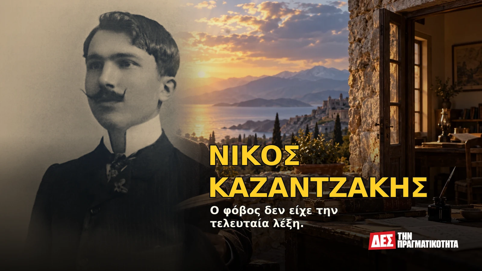 Νίκος Καζαντζάκης: ο Έλληνας που πάλεψε με τον Θεό, την ελευθερία και τον φόβο, η αλήθεια πίσω από τους μύθους · Αυθεντική φωτογραφία προσώπου ενταγμένη σε εικαστική σύνθεση με σκηνές · Δες την Πραγματικότητα Νίκος Καζαντζάκης: ο Έλληνας που πάλεψε με τον Θεό, την ελευθερία και τον φόβο, η αλήθεια πίσω από τους μύθους · Αυθεντική φωτογραφία προσώπου ενταγμένη σε εικαστική σύνθεση με σκηνές · Δες την Πραγματικότητα