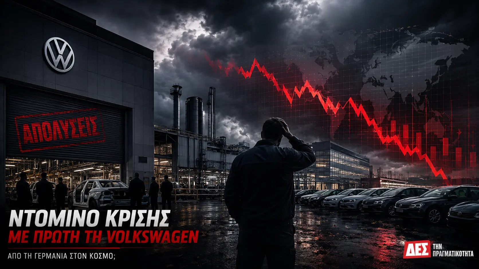 Volkswagen, Nissan, Northvolt, Thyssenkrupp, Amazon: αρχίζει η αντίστροφη μέτρηση για το επόμενο μεγάλο παγκόσμιο κραχ; · Σκοτεινή σύνθεση με εργοστάσιο αυτοκινήτων, σταθμευμένα οχήματα και κόκκινη γραμμή · Δες την Πραγματικότητα Volkswagen, Nissan, Northvolt, Thyssenkrupp, Amazon: αρχίζει η αντίστροφη μέτρηση για το επόμενο μεγάλο παγκόσμιο κραχ; · Σκοτεινή σύνθεση με εργοστάσιο αυτοκινήτων, σταθμευμένα οχήματα και κόκκινη γραμμή · Δες την Πραγματικότητα