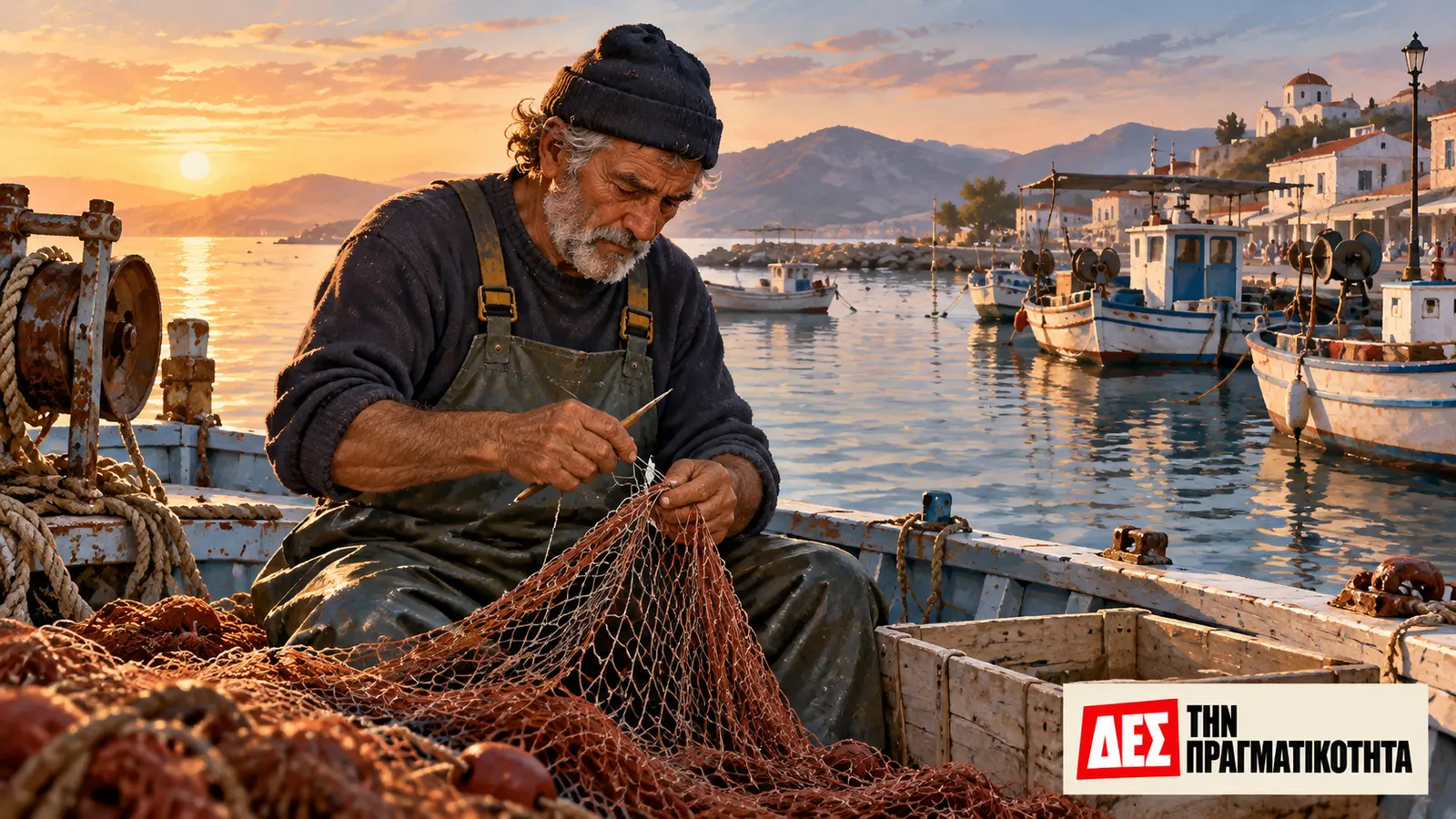 Παράκτια αλιεία: τα καΐκια ζητούν δουλειά, όχι μόνο ανακοινώσεις · εικαστική αναπαράσταση ψαρά που επισκευάζει δίχτυ, όχι φωτογραφία προσώπου · Δες την Πραγματικότητα