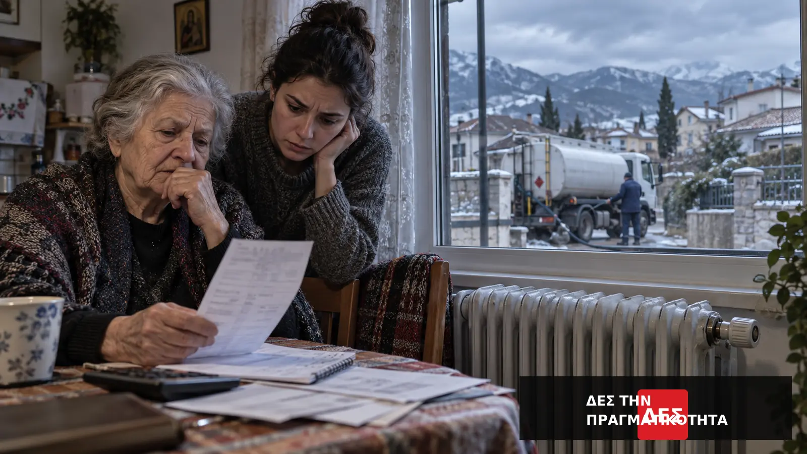 Πετρέλαιο θέρμανσης 2026: τι ανακοινώθηκε για τιμή κάτω από 1,75 ευρώ και τι ακόμη λείπει · Ηλικιωμένη και νεότερη γυναίκα εξετάζουν λογαριασμό στο σπίτι, με βυτιοφόρο · Δες την Πραγματικότητα Πετρέλαιο θέρμανσης 2026: τι ανακοινώθηκε για τιμή κάτω από 1,75 ευρώ και τι ακόμη λείπει · Ηλικιωμένη και νεότερη γυναίκα εξετάζουν λογαριασμό στο σπίτι, με βυτιοφόρο · Δες την Πραγματικότητα