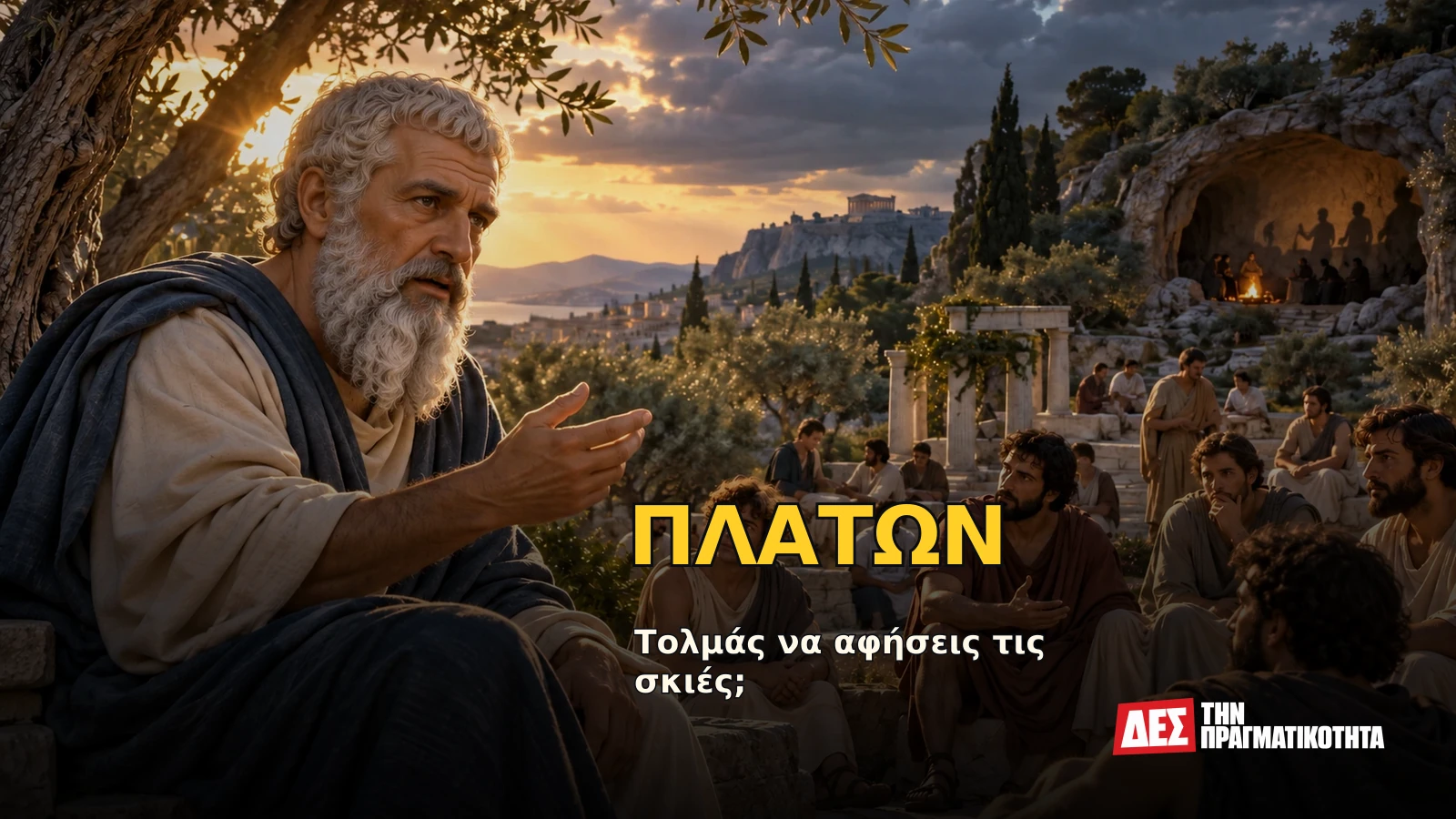 Πλάτων: ο Έλληνας που αποκάλυψε το σπήλαιο της πλάνης και ζήτησε εξουσία με γνώση και αρετή · Υποθετική φωτορεαλιστική αναπαράσταση: ΠΛΑΤΩΝ, με σκηνές από τη ζωή · Δες την Πραγματικότητα Πλάτων: ο Έλληνας που αποκάλυψε το σπήλαιο της πλάνης και ζήτησε εξουσία με γνώση και αρετή · Υποθετική φωτορεαλιστική αναπαράσταση: ΠΛΑΤΩΝ, με σκηνές από τη ζωή · Δες την Πραγματικότητα