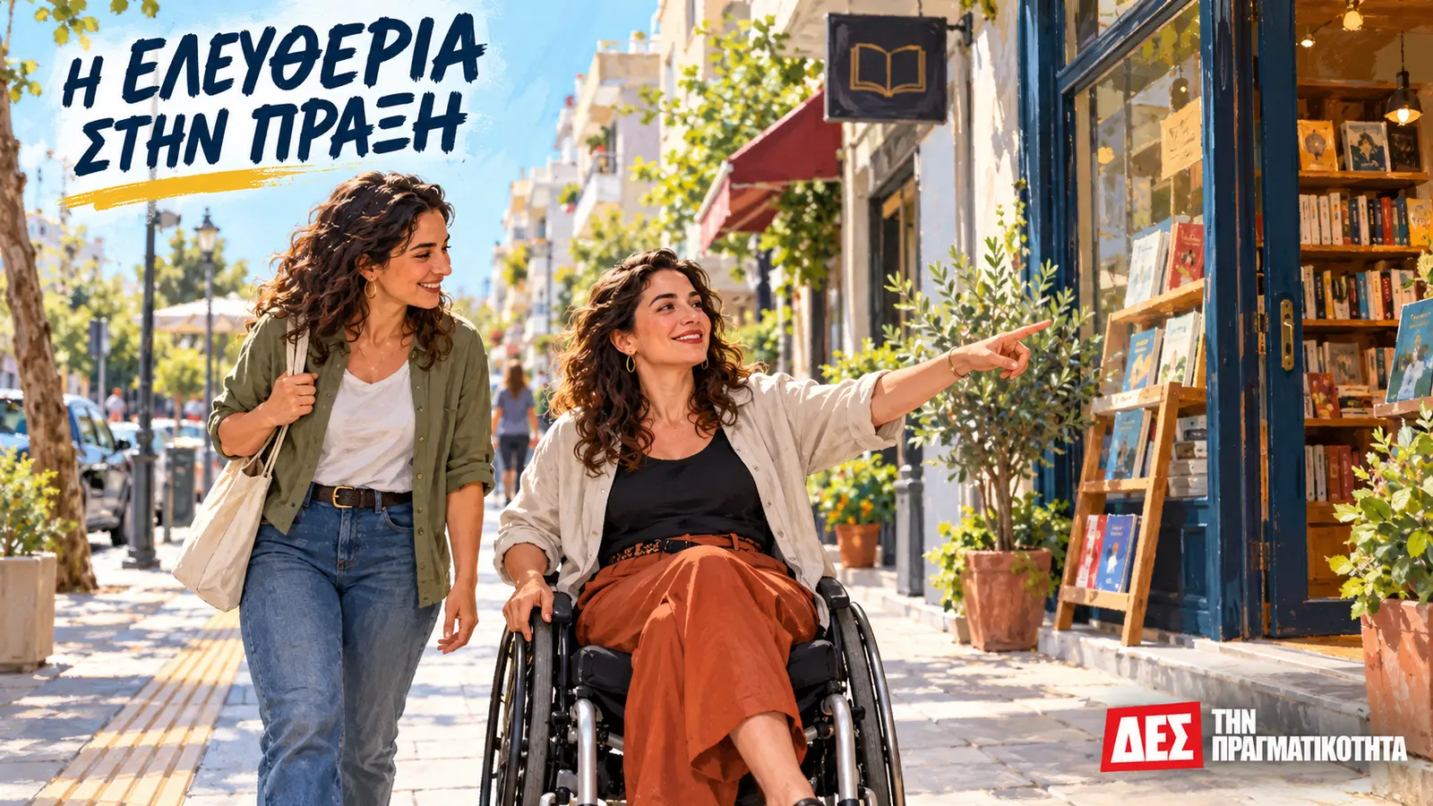 Προσωπικός Βοηθός ΑμεΑ: η ελευθερία δεν τελειώνει στην έγκριση της αίτησης · δημοσιογραφική εικονογράφηση γυναίκας που επιλέγει τη διαδρομή της με προσωπική · Δες την Πραγματικότητα Προσωπικός Βοηθός ΑμεΑ: η ελευθερία δεν τελειώνει στην έγκριση της αίτησης · δημοσιογραφική εικονογράφηση γυναίκας που επιλέγει τη διαδρομή της με προσωπική · Δες την Πραγματικότητα
