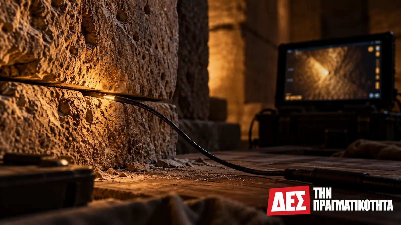 Πυραμίδα του Χέοπα: το κενό που ανιχνεύσαμε, αλλά δεν έχουμε δει · Συμβολική σκηνή έρευνας με ενδοσκόπιο, όχι φωτογραφία της αποστολής · Δες την Πραγματικότητα Πυραμίδα του Χέοπα: το κενό που ανιχνεύσαμε, αλλά δεν έχουμε δει · Συμβολική σκηνή έρευνας με ενδοσκόπιο, όχι φωτογραφία της αποστολής · Δες την Πραγματικότητα