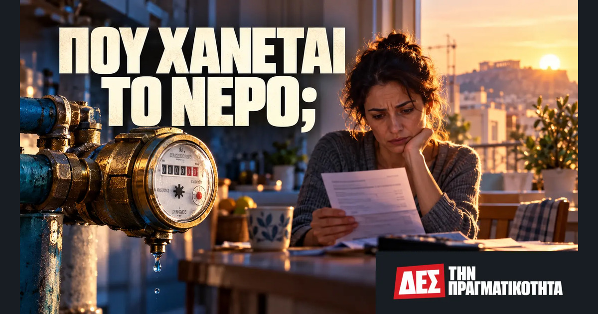 Αφανής διαρροή νερού: το ρολόι γράφει ενώ το σπίτι σωπαίνει · Εικαστική σύνθεση με υδρόμετρο και γυναίκα που εξετάζει λογαριασμό · Δες την Πραγματικότητα Αφανής διαρροή νερού: το ρολόι γράφει ενώ το σπίτι σωπαίνει · Εικαστική σύνθεση με υδρόμετρο και γυναίκα που εξετάζει λογαριασμό · Δες την Πραγματικότητα