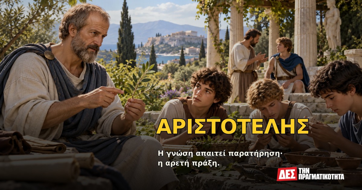 Αριστοτέλης: ο Έλληνας που οργάνωσε τη γνώση και έβαλε την αρετή μέσα στην πράξη · Υποθετική φωτορεαλιστική αναπαράσταση: ΑΡΙΣΤΟΤΕΛΗΣ, με σκηνές από τη ζωή · Δες την Πραγματικότητα Αριστοτέλης: ο Έλληνας που οργάνωσε τη γνώση και έβαλε την αρετή μέσα στην πράξη · Υποθετική φωτορεαλιστική αναπαράσταση: ΑΡΙΣΤΟΤΕΛΗΣ, με σκηνές από τη ζωή · Δες την Πραγματικότητα