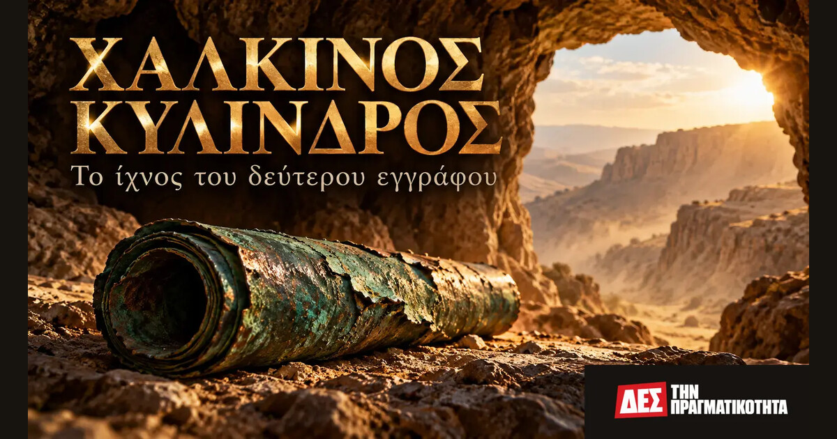 Χάλκινος Κύλινδρος: ο θησαυρός που οδηγεί σε ένα δεύτερο έγγραφο · Εικαστική αναπαράσταση χάλκινου ρολού σε σπήλαιο · Δες την Πραγματικότητα Χάλκινος Κύλινδρος: ο θησαυρός που οδηγεί σε ένα δεύτερο έγγραφο · Εικαστική αναπαράσταση χάλκινου ρολού σε σπήλαιο · Δες την Πραγματικότητα