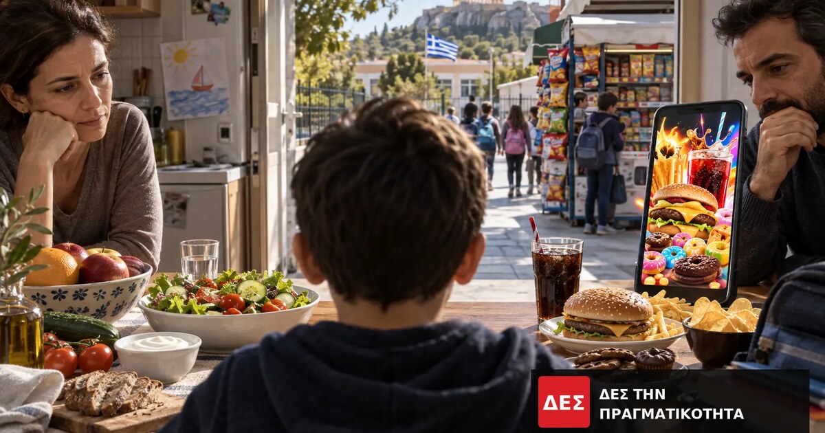 Παιδική παχυσαρκία στην Ελλάδα: 43% των παιδιών 5 έως 7 ετών και μια κοινωνία που πουλά την κακή επιλογή · Οικογένεια σε τραπέζι με φαγητό και κινητό που προβάλλει εικόνες · Δες την Πραγματικότητα Παιδική παχυσαρκία στην Ελλάδα: 43% των παιδιών 5 έως 7 ετών και μια κοινωνία που πουλά την κακή επιλογή · Οικογένεια σε τραπέζι με φαγητό και κινητό που προβάλλει εικόνες · Δες την Πραγματικότητα