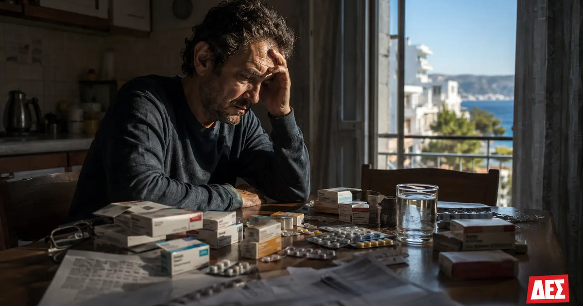 Η Ελλάδα με ένα χάπι στο στόμα: Πότε πάψαμε να θεραπεύουμε τον άνθρωπο και αρχίσαμε να φαρμακώνουμε τη ζωή του; · Άνδρας σκύβει πάνω από τραπέζι γεμάτο κουτιά φαρμάκων, χάπια, χαρτιά · Δες την Πραγματικότητα Η Ελλάδα με ένα χάπι στο στόμα: Πότε πάψαμε να θεραπεύουμε τον άνθρωπο και αρχίσαμε να φαρμακώνουμε τη ζωή του; · Άνδρας σκύβει πάνω από τραπέζι γεμάτο κουτιά φαρμάκων, χάπια, χαρτιά · Δες την Πραγματικότητα