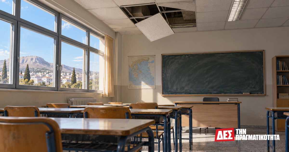 8ο Γυμνάσιο Κορυδαλλού: όταν η οροφή πέφτει, ποιος εγγυάται την ασφάλεια; · Άδεια τάξη με χαλαρό τμήμα ψευδοροφής, εικαστική αναπαράσταση · Δες την Πραγματικότητα 8ο Γυμνάσιο Κορυδαλλού: όταν η οροφή πέφτει, ποιος εγγυάται την ασφάλεια; · Άδεια τάξη με χαλαρό τμήμα ψευδοροφής, εικαστική αναπαράσταση · Δες την Πραγματικότητα