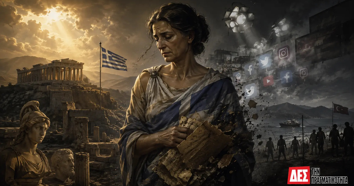 Αν ξεχάσεις ποιος ήσουν, κάποιος άλλος θα σου πει ποιος είσαι · Αλληγορική γυναίκα με αρχαιοπρεπή ενδυμασία κρατά πέτρινα θραύσματα μπροστά · Δες την Πραγματικότητα Αν ξεχάσεις ποιος ήσουν, κάποιος άλλος θα σου πει ποιος είσαι · Αλληγορική γυναίκα με αρχαιοπρεπή ενδυμασία κρατά πέτρινα θραύσματα μπροστά · Δες την Πραγματικότητα