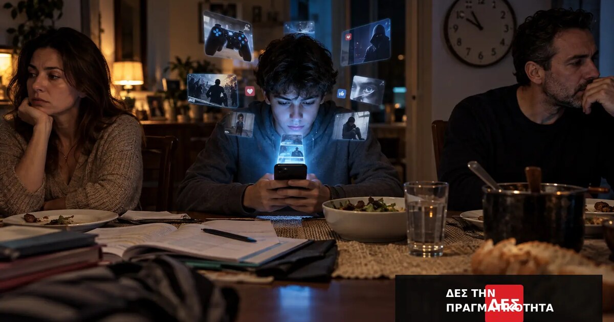 Παιδιά και social media: η Ευρώπη σχεδιάζει όρια σε έναν μηχανισμό που εκπαιδεύει τον εθισμό · Παιδί κοιτάζει φωτισμένο κινητό στο τραπέζι, ανάμεσα σε δύο προβληματισμένους · Δες την Πραγματικότητα Παιδιά και social media: η Ευρώπη σχεδιάζει όρια σε έναν μηχανισμό που εκπαιδεύει τον εθισμό · Παιδί κοιτάζει φωτισμένο κινητό στο τραπέζι, ανάμεσα σε δύο προβληματισμένους · Δες την Πραγματικότητα