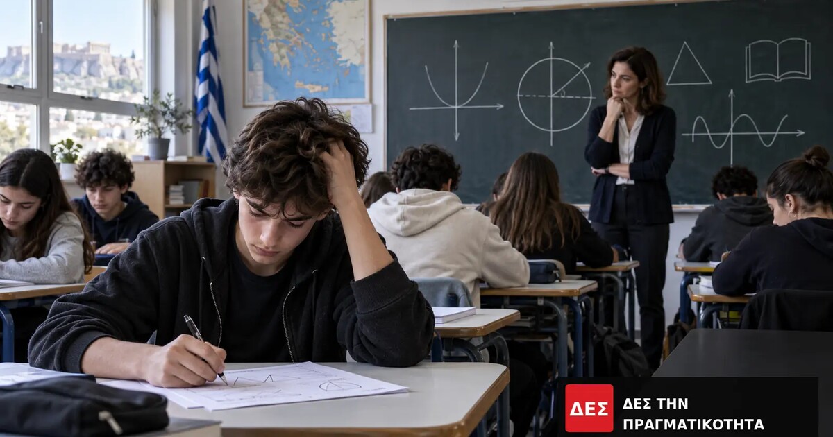 PISA 2025 στην Ελλάδα: σχεδόν 1 στους 2 δεκαπεντάχρονους δεν φτάνει στο βασικό επίπεδο Μαθηματικών · Μαθητής γράφει σε θρανίο, με συμμαθητές και δασκάλα μπροστά · Δες την Πραγματικότητα PISA 2025 στην Ελλάδα: σχεδόν 1 στους 2 δεκαπεντάχρονους δεν φτάνει στο βασικό επίπεδο Μαθηματικών · Μαθητής γράφει σε θρανίο, με συμμαθητές και δασκάλα μπροστά · Δες την Πραγματικότητα
