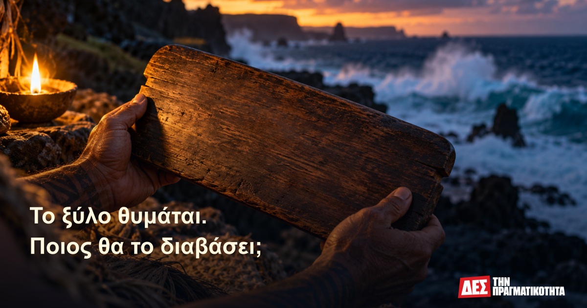 Ρονγκορόνγκο: οι ξύλινες πινακίδες που σώθηκαν όταν χάθηκαν εκείνοι που τις διάβαζαν · Εικαστική αναπαράσταση με τεχνητή νοημοσύνη, εμπνευσμένη από την υπόθεση · Δες την Πραγματικότητα Ρονγκορόνγκο: οι ξύλινες πινακίδες που σώθηκαν όταν χάθηκαν εκείνοι που τις διάβαζαν · Εικαστική αναπαράσταση με τεχνητή νοημοσύνη, εμπνευσμένη από την υπόθεση · Δες την Πραγματικότητα