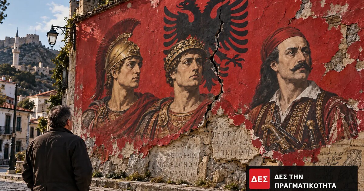 Μέγας Αλέξανδρος, Πύρρος και Μάρκος Μπότσαρης «Αλβανοί»: η τοιχογραφία της παραχάραξης και η σιωπή της Ελλάδας · Τοιχογραφία με τρεις εικονογραφημένες ιστορικές μορφές και μαύρο δικέφαλο αετό · Δες την Πραγματικότητα Μέγας Αλέξανδρος, Πύρρος και Μάρκος Μπότσαρης «Αλβανοί»: η τοιχογραφία της παραχάραξης και η σιωπή της Ελλάδας · Τοιχογραφία με τρεις εικονογραφημένες ιστορικές μορφές και μαύρο δικέφαλο αετό · Δες την Πραγματικότητα